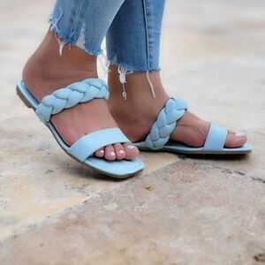 Blue Two Band Braided Flat Sandals